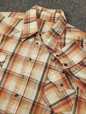 Vintage 60s 70s Western Shirt Size XL Pearl Snap Shadow Plaid Orange Cream